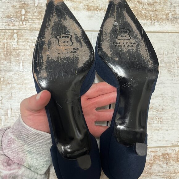 Stuart Weitzman Navy Satin Kitten Heel with Diamond Horseshoe detail - Picture 4 of 4